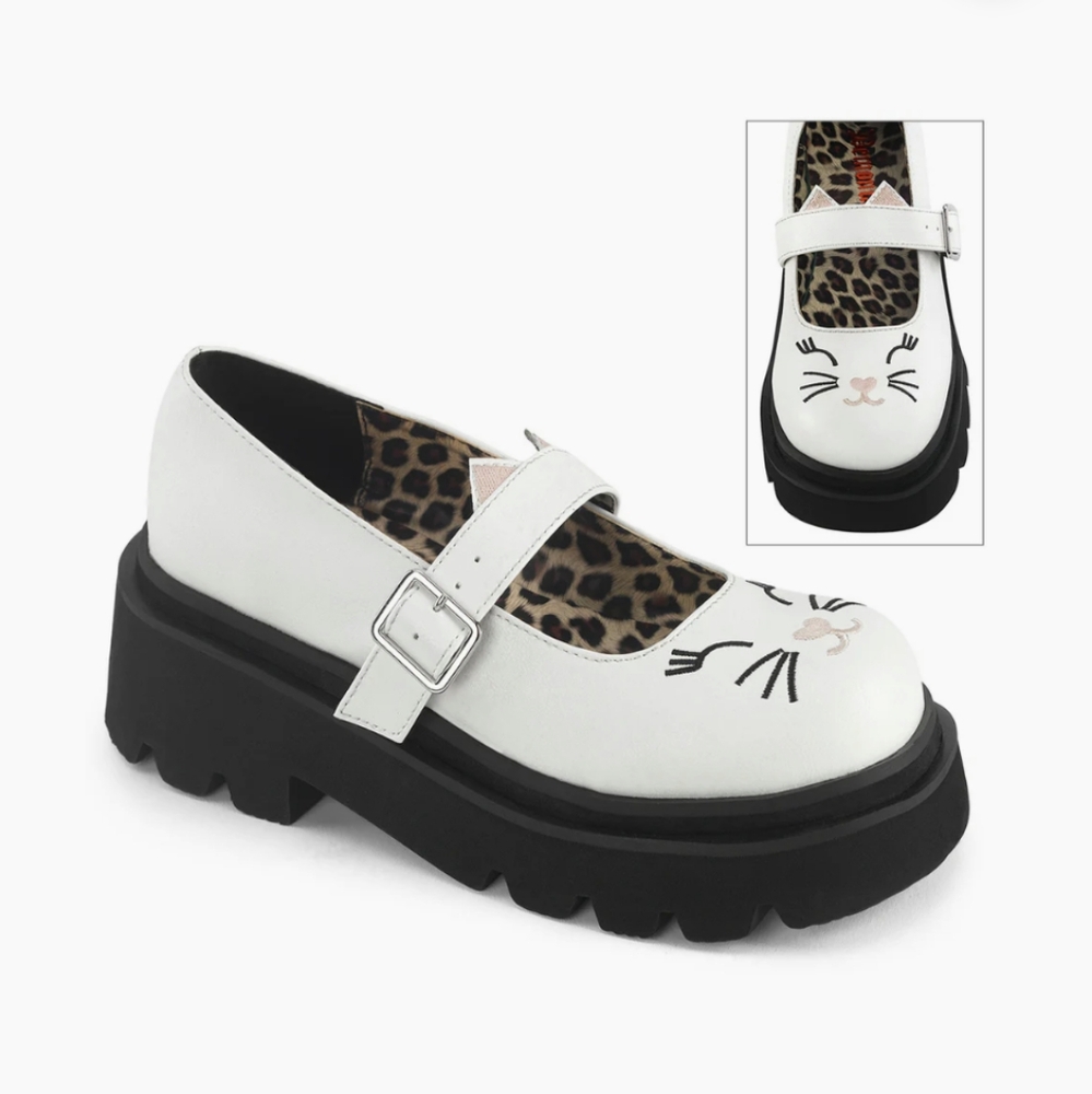 NEW! Demonia Renegade 56 White Kitty Cat Platform Chunky Mary Janes, Size 7